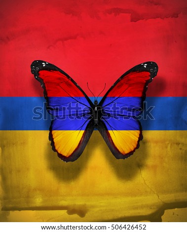 Armenia flag butterfly with coat of arms, isolated on flag background