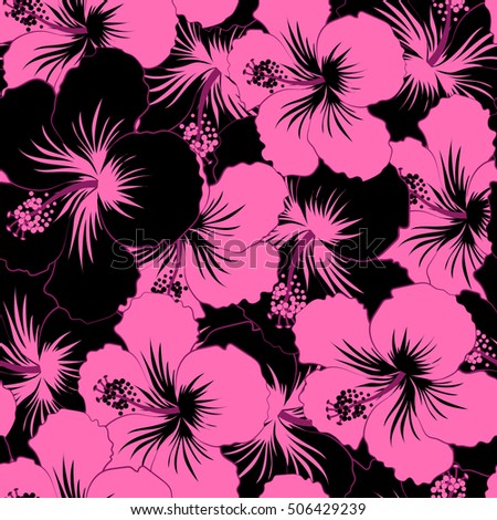 Seamless floral pattern with black and pink hibiscus flowers, watercolor. Vector flower illustration. Seamless pattern with floral motif.