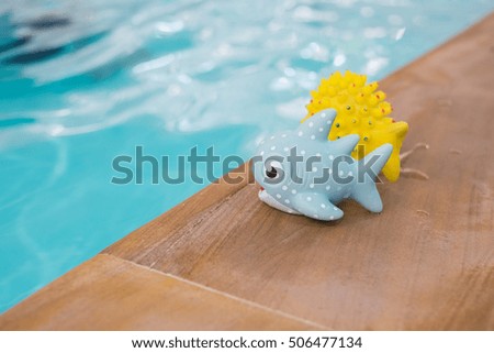 Rubber blue and yellow fish toy at the edge of swimming pool for baby and kid, indoor swimming pool, background for swimming pool for children (shallow depth of field)