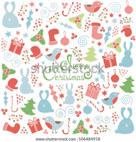 Christmas doodle design elements seamless pattern, vector Merry Christmas background. Winter holiday pattern, cute childish figures.