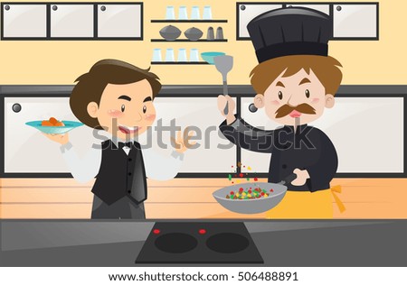 Chef and waiter in the kitchen illustration