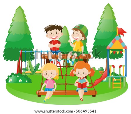 Scene with four kids on climbing station illustration