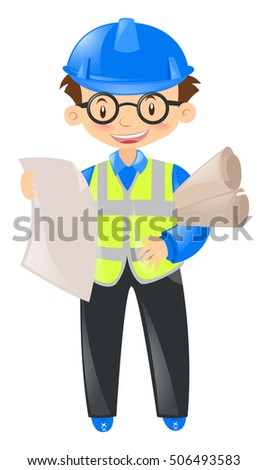 Engineer wearing safety hat and holding files illustration
