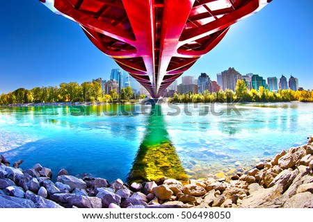 Calgary peace bridge in Autumn Royalty-Free Stock Photo #506498050
