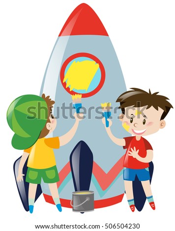 Two boys painting rocket