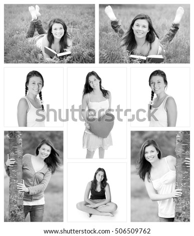 Happy eighteen year old girl, eight outdoor and studio portraits of the same beautifully smiling girl, black and white photos 
