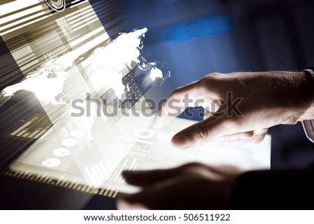 Businessman hand touching with finger virtual panel with infographs