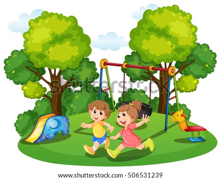 Two kids running in the park illustration