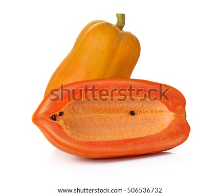 One whole and a half ripe papaya isolated on white background.