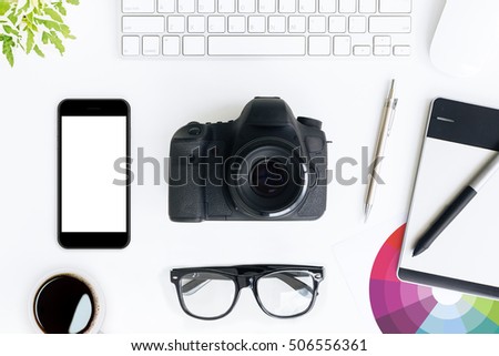 photographer white desk on top view