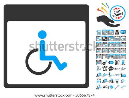 Handicapped Calendar Page icon with bonus calendar and time management clip art. Glyph illustration style is flat iconic symbols, blue and gray colors, white background.