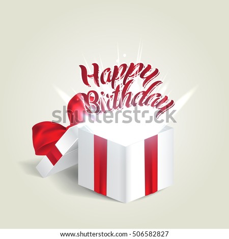 Opened realistic gift box with red bow and abstract light. Happy birthday. Vector illustration