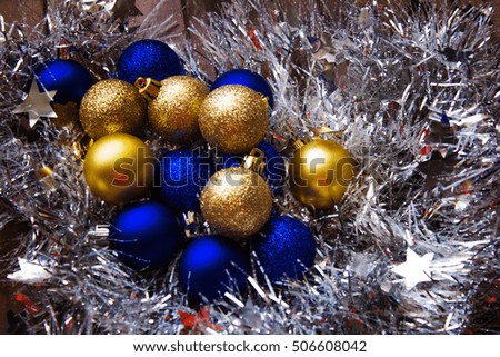 New Year's decor.  New Year holiday. New Year's toys. Christmas background. blue Christmas toys
