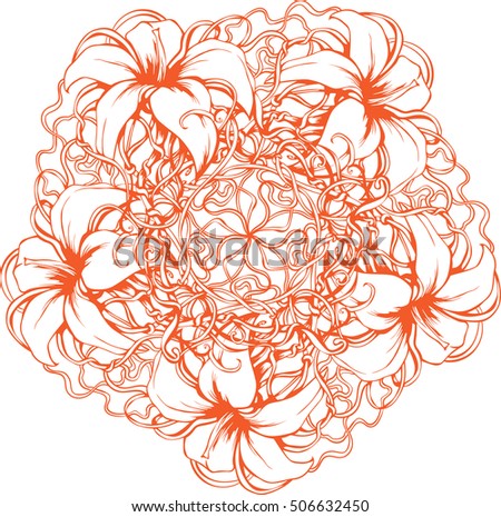 Lilies in a circle. Meditative Coloring Page.