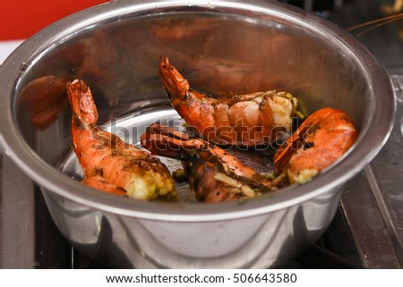 Indian seafood lobster tail and head curry. Beautiful large sea lobsters grilled delicious costal dish/food , Goa,Kerala, India