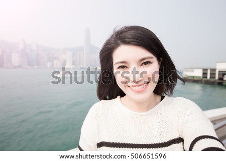 beauty woman smile and selfie in hongkong