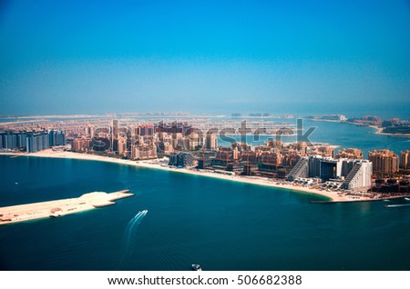 Beautiful panoramic view of the Palm Jumeirah from the 60th floor, Dubai, United Arab Emirates Royalty-Free Stock Photo #506682388