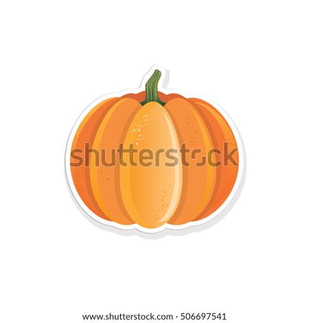 Simple pumpkin sticker. A minimalistic orange pumpkin with green stalk, with shadow and over a white background. Design element for Halloween or Thanksgiving projects. 