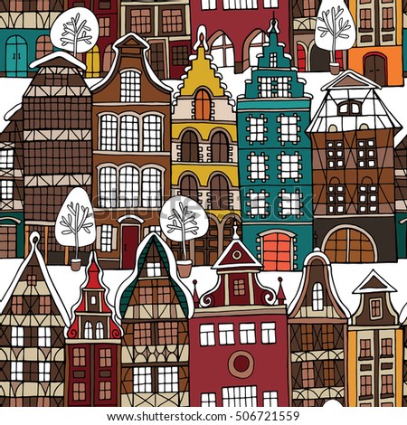 Seamless pattern with Image of  European multi-family color Houses in the winter. Vector illustration.