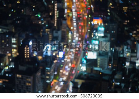 Top view blurred lights Tokyo road night view, Japan, abstract background