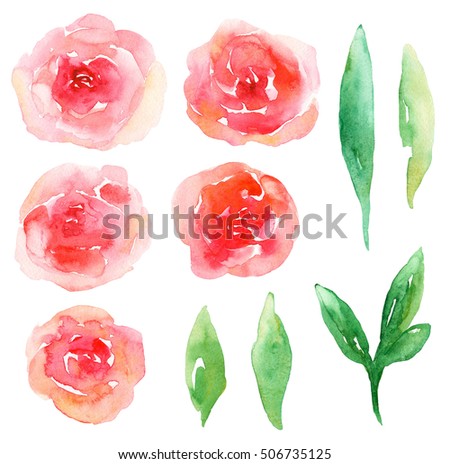 Red flowers clip art. Watercolor abstract floral set