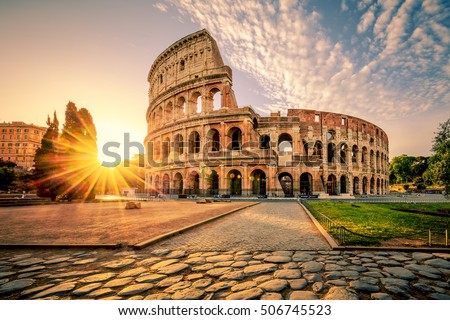 Colosseum in Rome at sunrise, Italy, Europe. Royalty-Free Stock Photo #506745523