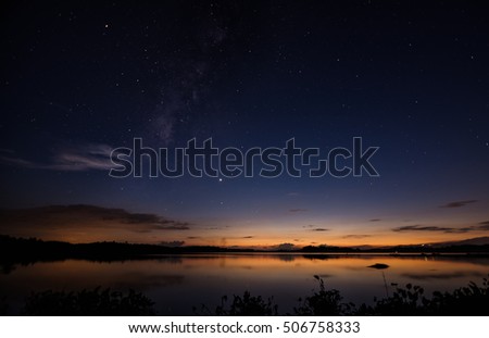 Night picture of a beautiful lake with milky way and stars in the sky at twilight