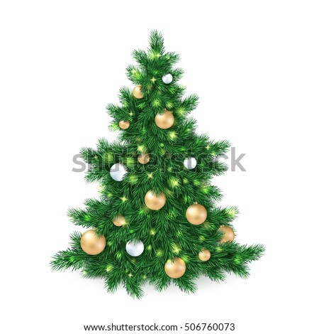 vector illustration of big christmas tree, decorated white and golden christmas ornaments.