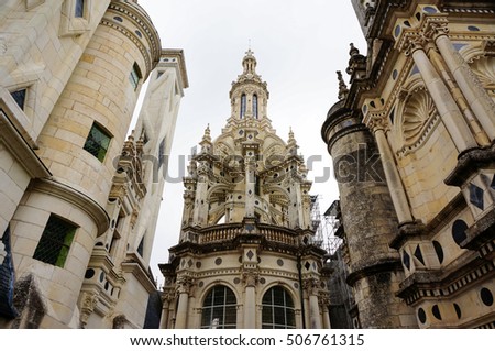 The Chateau de Chambord, royal medieval castle at Chambord, France. Chambord is the largest chateau in the Loire Valley.French Renaissance architecture. Unesco heritage site. Royalty-Free Stock Photo #506761315