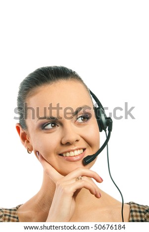 Young and smiling operator isolated over white background
