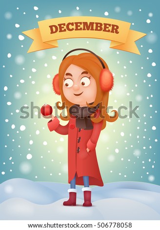 Girl in earmuffs holdin christmas ball Vector illustration