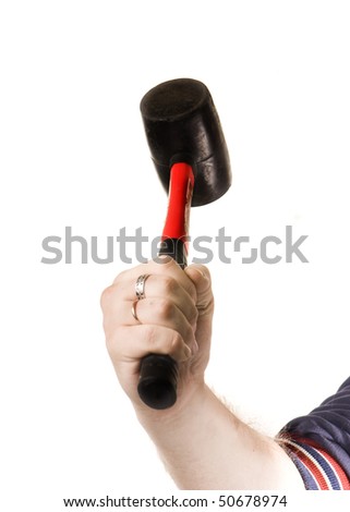 Hand holding hammer on white background