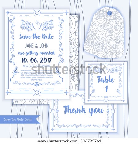 Printable Save the date with geometric blue frame in linear style. element for design with table and thank you cards, leaves, tree and birds.
