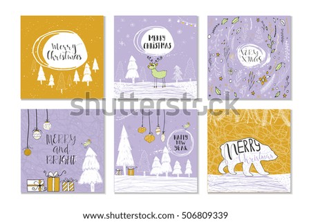 Set of 6 cute gift cards and hand drawn Christmas lettering. Can be used as poster with quote, T-shirt design or home decor element. Vector typography. Easy editable template.