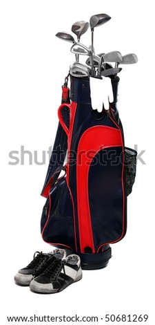 Golf club bag, golfshoe and glove on white background.