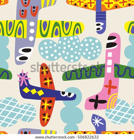 Childish background with airplanes. Seamless vector