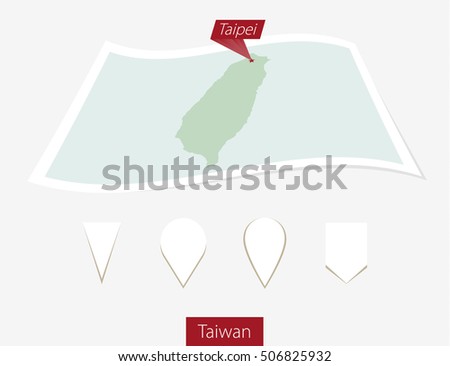 Curved paper map of Taiwan with capital Taipei on Gray Background. Four different Map pin set. Vector Illustration.