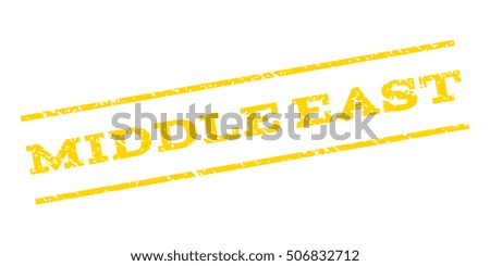 Middle East watermark stamp. Text caption between parallel lines with grunge design style. Rubber seal stamp with dirty texture. Vector yellow color ink imprint on a white background.