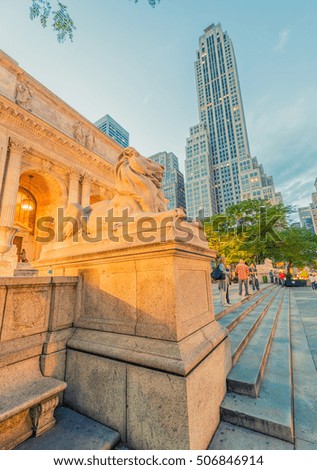 The Public Library and Fifth Avenue at sunset, Manhattan - New York City.