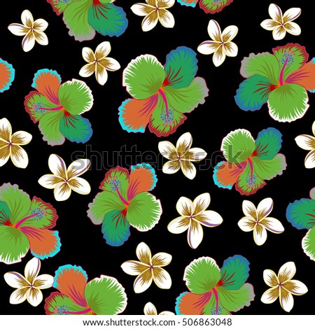 Aloha Hawaiian Shirt vector seamless Hibiscus Pattern on black background.