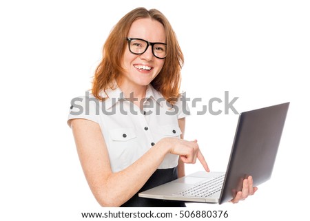 Portrait of a happy and successful businesswoman with a laptop on a white background