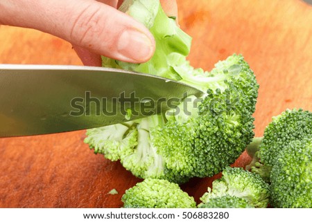 Stock up on winter food. Chef cutting fresh green broccoli cooking.