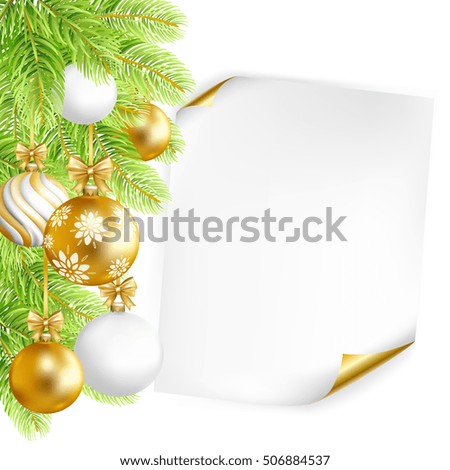 Merry Christmas background with paper, gold, white balls and fir-tree. Vector illustration.