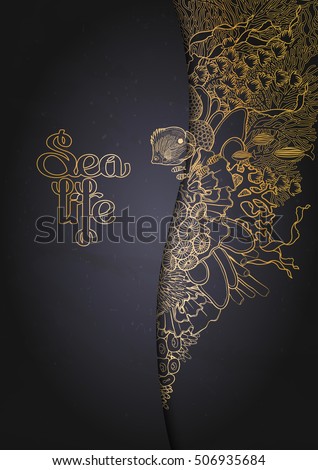 Graphic aquarium fish with coral reef drawn in line art style. Vector card isolated on the chalkboard in golden colors.