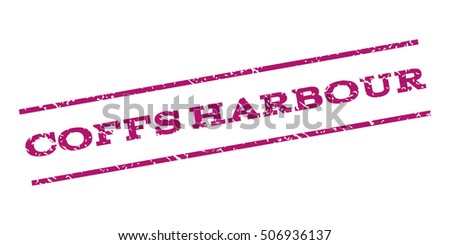 Coffs Harbour watermark stamp. Text tag between parallel lines with grunge design style. Rubber seal stamp with scratched texture. Vector purple color ink imprint on a white background.