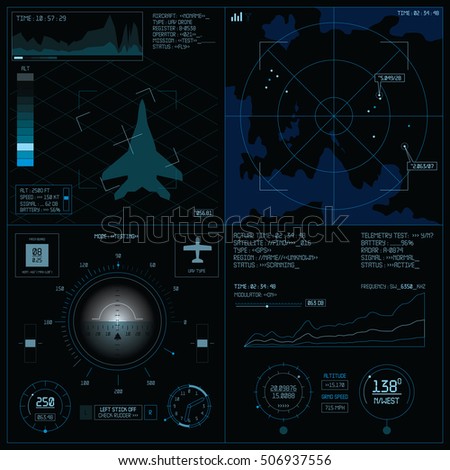 Radar screen. Operator control panel. Hud infographic interface screen monitor. UI design game template. Aviation technology concept 