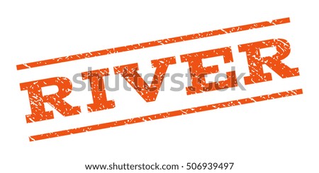 River watermark stamp. Text caption between parallel lines with grunge design style. Rubber seal stamp with unclean texture. Vector orange color ink imprint on a white background.