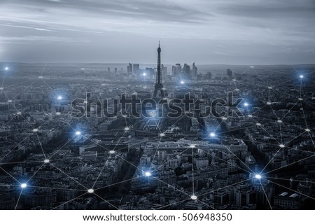 Smart city scape and network connection concept, wireless signal of internet in business city. internet connection.social on line business