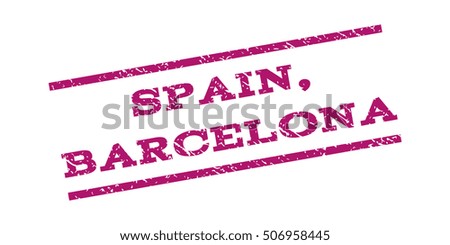 Spain Barcelona watermark stamp. Text tag between parallel lines with grunge design style. Rubber seal stamp with scratched texture. Vector purple color ink imprint on a white background.