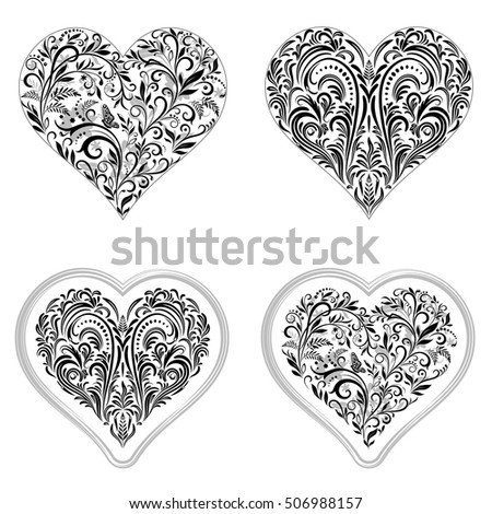 Set Valentine Holiday Symbols, Hearts with Floral Pattern, Leafs And Butterflies, Black Contours Isolated on White Background. Vector